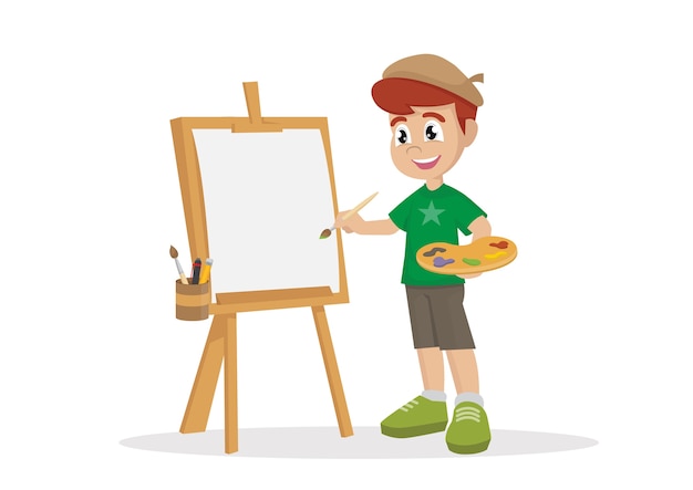 Premium Vector | Artist boy painting on canvas.