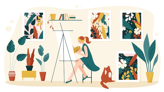 家のインテリアベクトルイラストでアーティストの絵 漫画の女性画家のキャラクターがパレットを取り イーゼルに芸術的な絵を描く 自然の葉と花が分離されたアートワーク プレミアムベクター