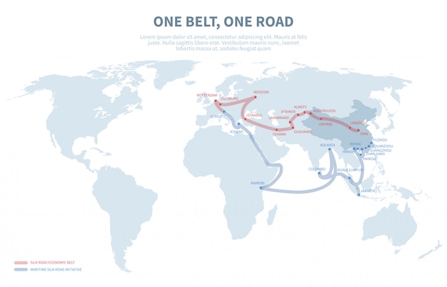 アジアとヨーロッパの国際トランジット方法 中国の輸送新しいシルクロードエクスポートおよびインポートパスのグローブマップ プレミアムベクター