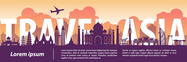 Asia top famous landmark silhouette style Premium Vector