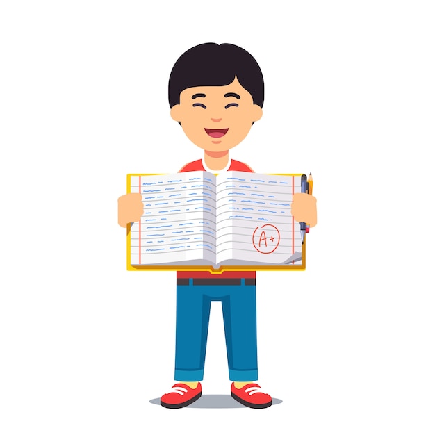 Asian boy and open work book with handwriting