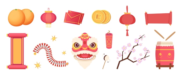 アジアのお祭りの要素 ドラゴンマスク 花火 ドラムと巻物 提灯とコインの分離セット イラストまつり伝統物コレクション プレミアムベクター