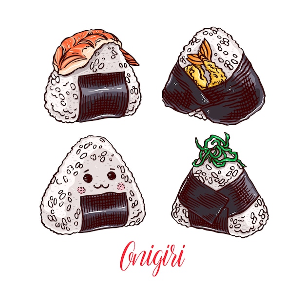 Premium Vector Asian food. cute set of different onigiri. handdrawn