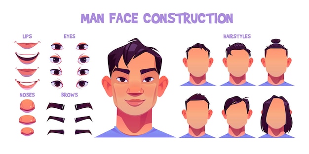 アジア人男性の顔の構造 頭の部分が白で隔離されたアバターの作成 男性キャラクターの目 鼻 髪型 眉毛 唇のベクトル漫画セット スキンパック 無料のベクター