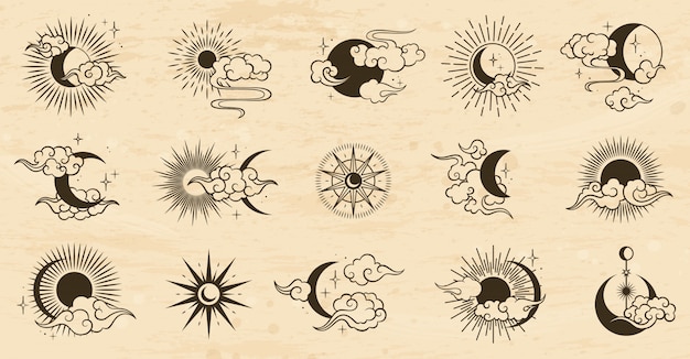 Asian set with clouds, moon, sun and stars . vector collection in