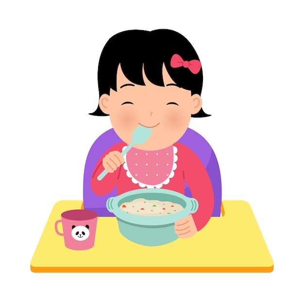 お粥のボウルを自分で食べる赤ちゃんの椅子に座っているアジアの幼児の女の子 幸せな子育てイラスト 世界こどもの日 白い背景で プレミアムベクター
