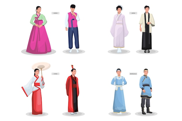 アジアの伝統的な衣装セット 古代の女性の着物 男性の服 日本 中国 ベトナム 韓国の国民服 無料のベクター