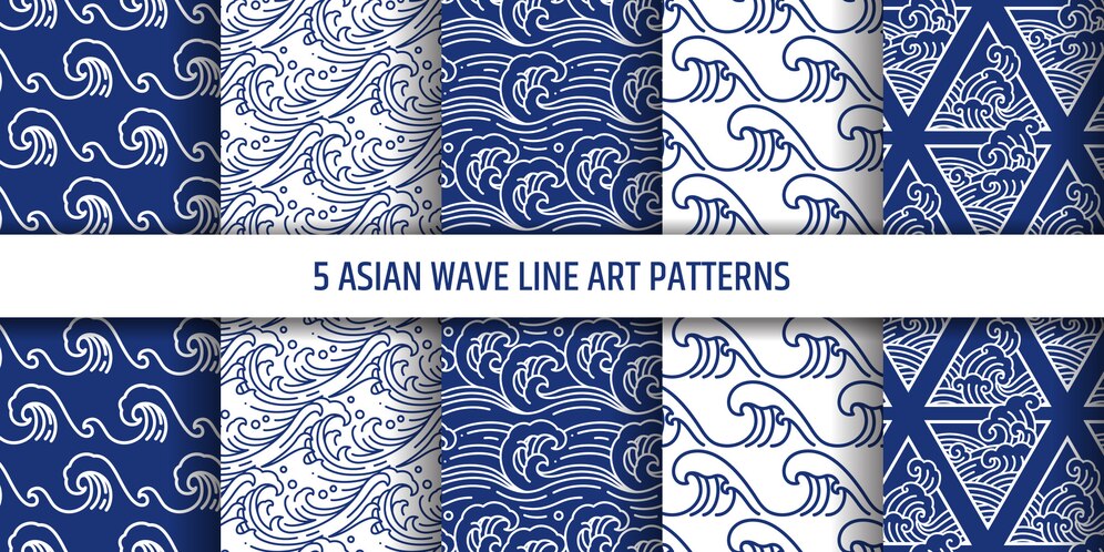  Asian water sea wave seamless pattern set. Premium Vector