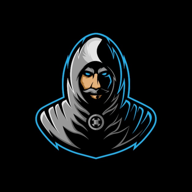 Assassin mascot logo, with a mysterious face with a mustache in a gray ...