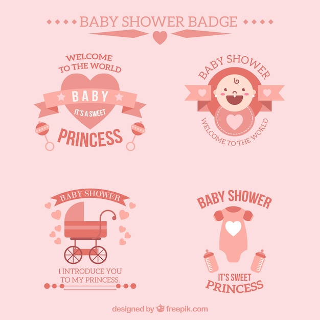 Assortment of baby shower badges in pink tones