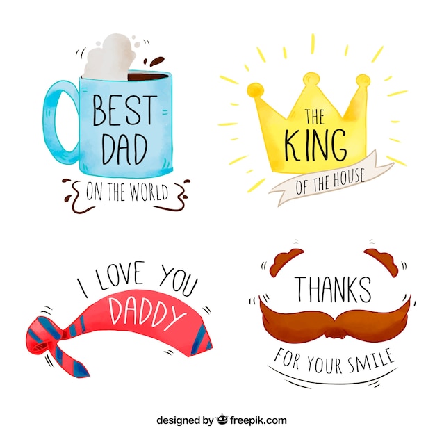 Assortment of decorative father\'s day labels in\
watercolor style