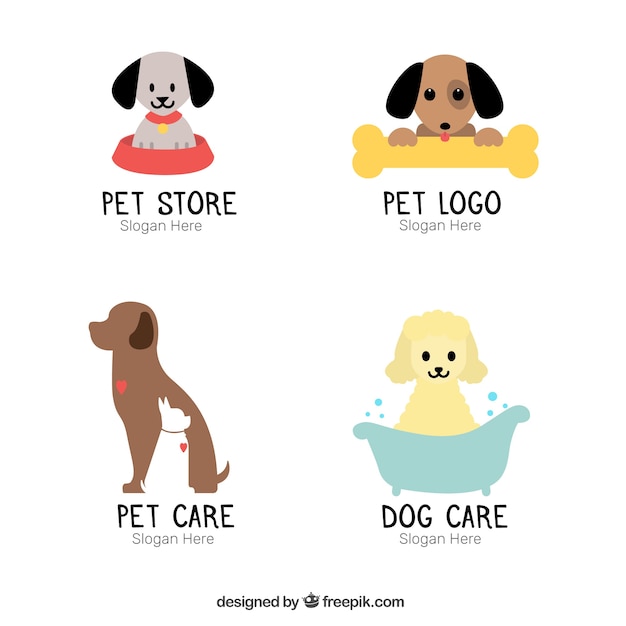 Assortment of flat logos with cute dogs
