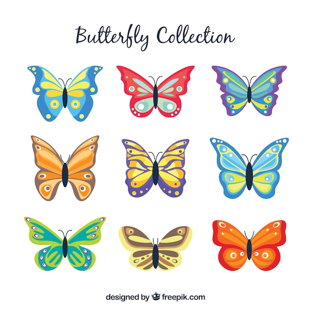 Assortment of nine colored butterflies in flat\
design