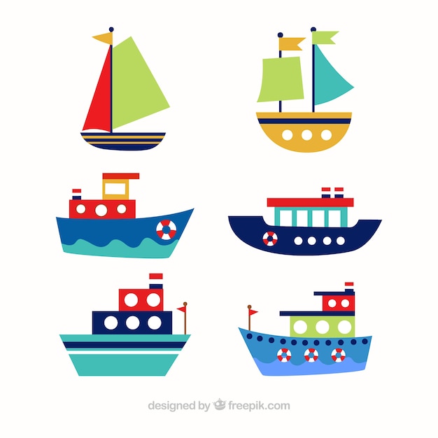 Assortment of six colored boats in flat
design