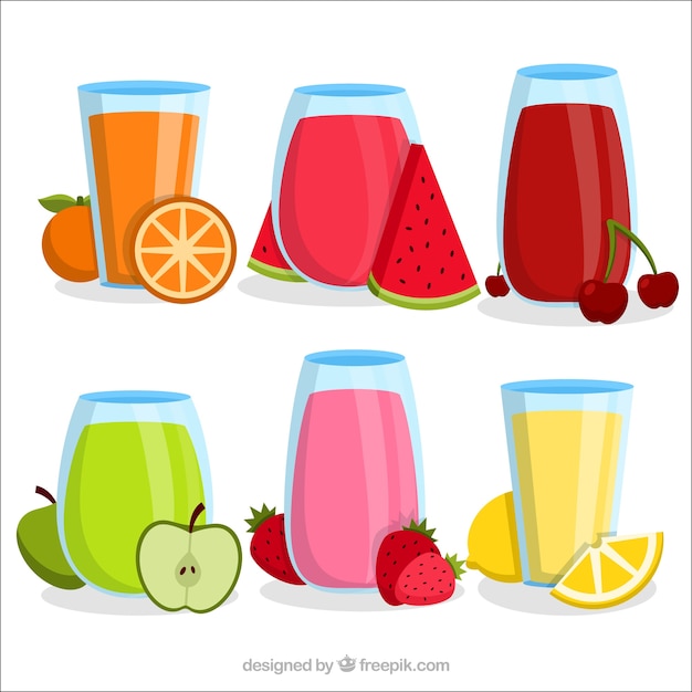 Assortment of six fruit juices in flat\
design