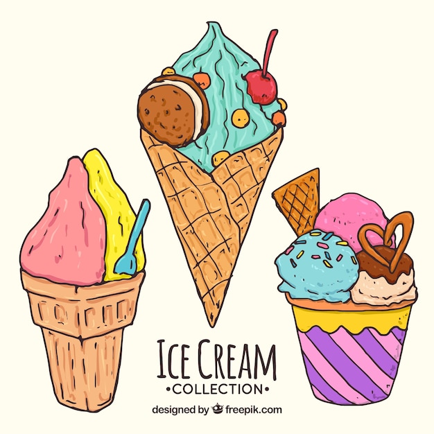 Assortment of summer ice creams in hand-drawn\
style