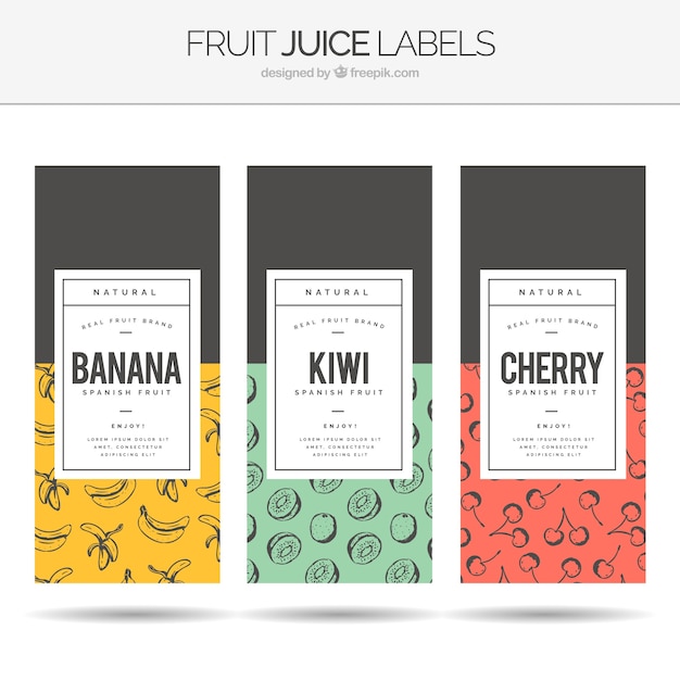 Assortment of three fruit juice labels
