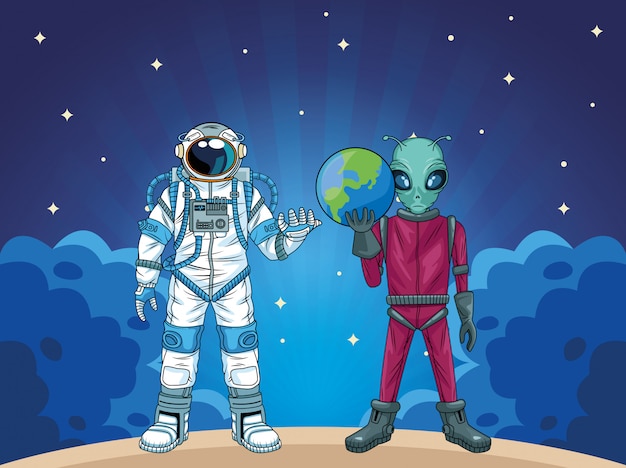 宇宙飛行士と宇宙人エイリアンのキャラクターイラスト プレミアムベクター