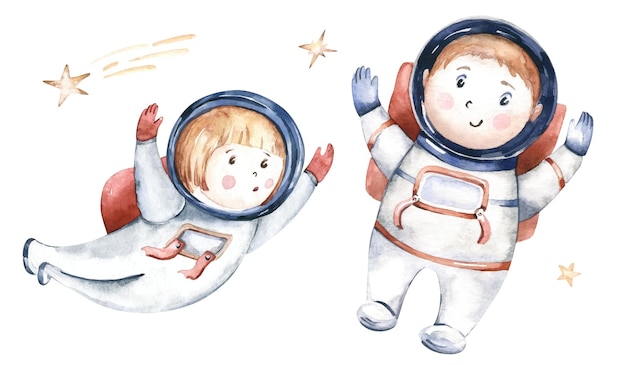 宇宙飛行士男の子女の子宇宙服宇宙飛行士星水彩イラスト宇宙飛行士漫画子供 プレミアムベクター