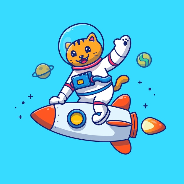 ロケットイラストに乗って宇宙飛行士猫 プレミアムベクター