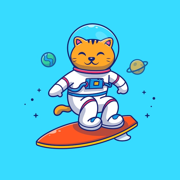 宇宙飛行士猫ギャラクシーイラストサーフィン マスコットの漫画のキャラクター プレミアムベクター