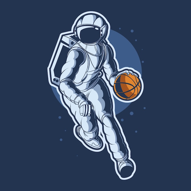 宇宙飛行士ドリブルバスケットボールイラストデザイン プレミアムベクター