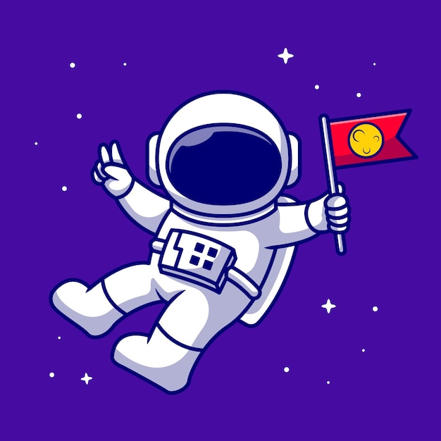 宇宙飛行士は 宇宙漫画のアイコンイラストで旗を保持しています 分離されたテクノロジー空間アイコン フラット漫画スタイル 無料のベクター