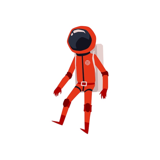 オレンジ色の宇宙服とヘルメットの漫画のキャラクター 白い背景のイラストの宇宙飛行士 宇宙飛行士や宇宙飛行士のコミックの面白い人物 プレミアムベクター