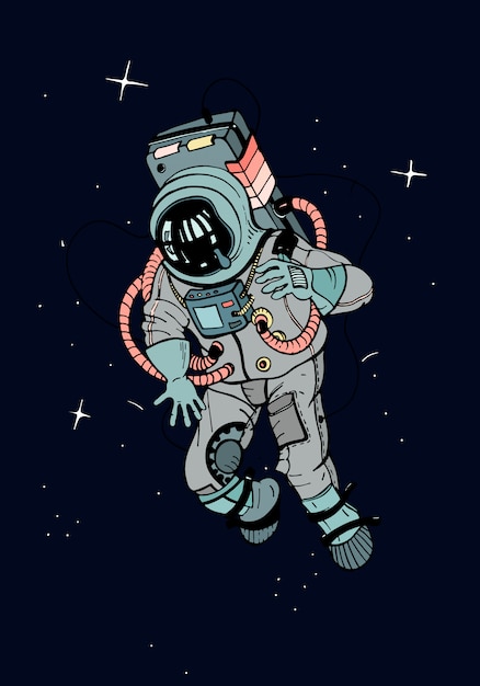 宇宙服の宇宙飛行士 星の暗い背景の空間で宇宙飛行士 カラフルなイラスト プレミアムベクター