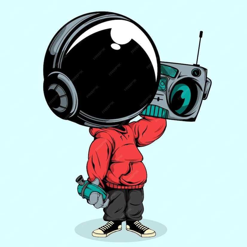 Premium Vector | The astronaut listening music radio and holding spray can