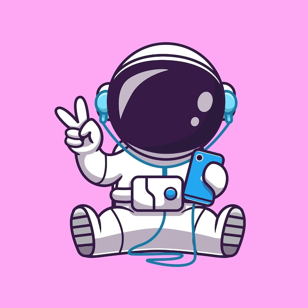 Download Free Vector | Astronaut listening music with headphone and peace hand cartoon vector icon ...