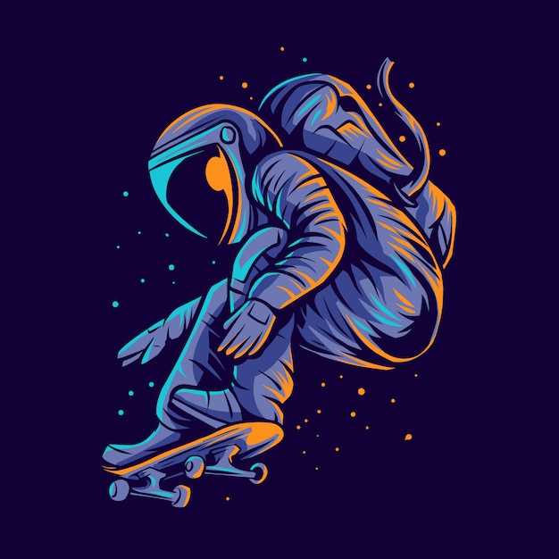 宇宙飛行士スケートボードジャンプイラスト プレミアムベクター