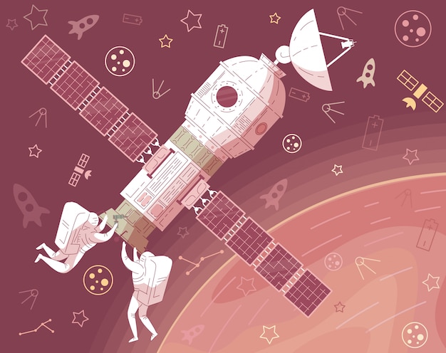 Premium Vector | Astronaut in suit repair spaceship in outer space