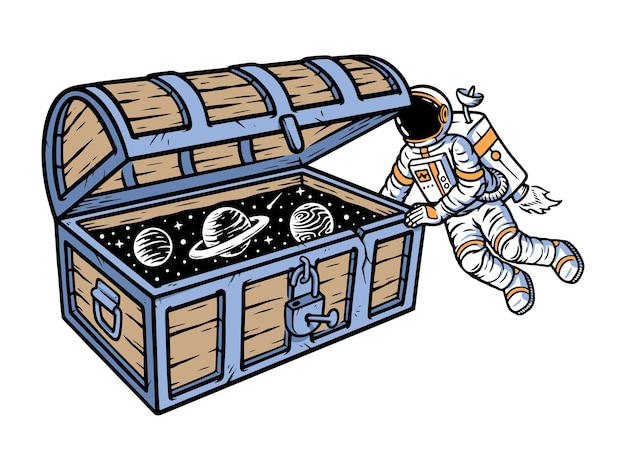 宇宙飛行士は宝箱のイラストを見つけます プレミアムベクター