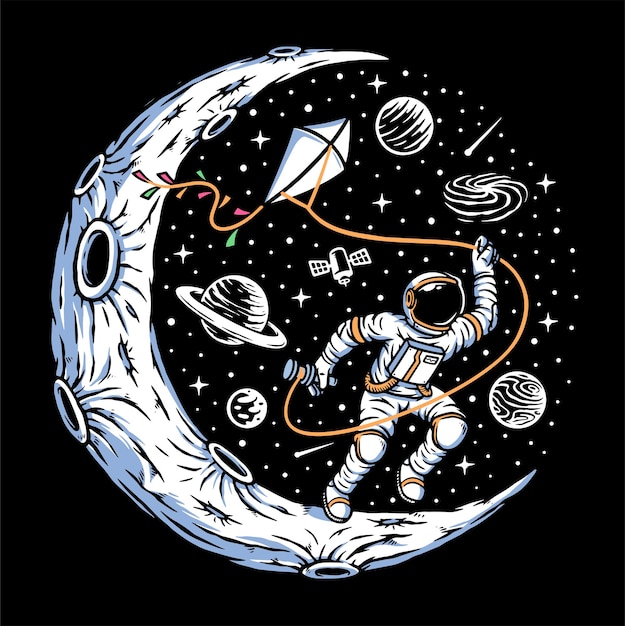 Premium Vector Astronauts Flying Kites On The Moon