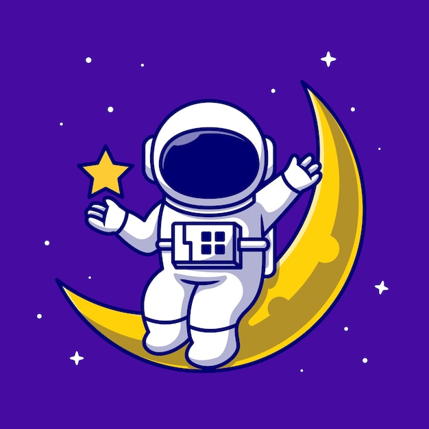 星の漫画のアイコンのイラストで月に座っている宇宙飛行士 分離されたサイエンスフィクション空間アイコン フラット漫画スタイル プレミアムベクター