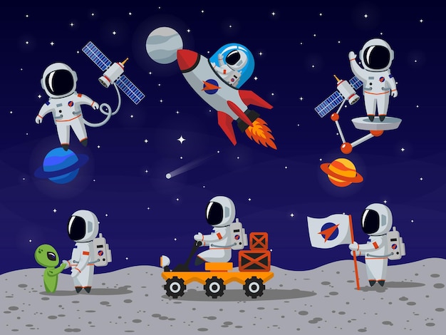 Free Vector Astronauts Vector Characters Set In Flat Cartoon Style