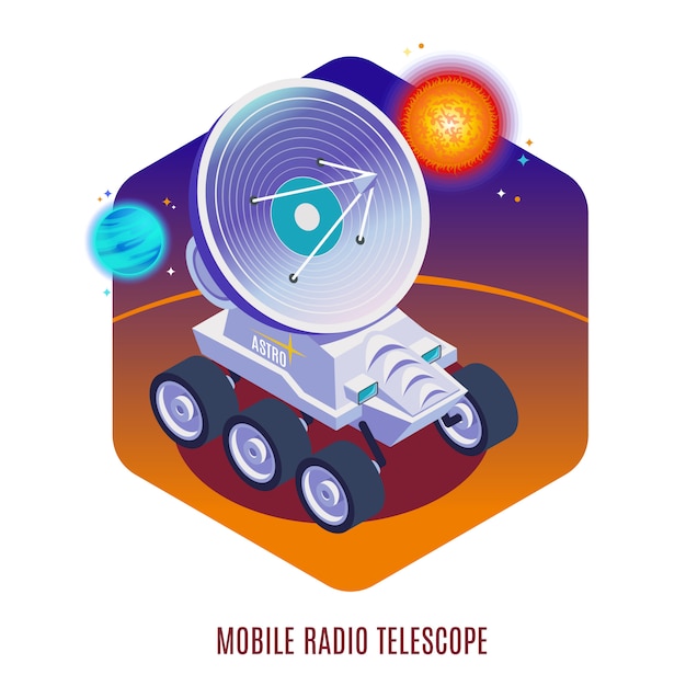 Astrophysics aerospace technology isometric background composition with mobile radio telescope