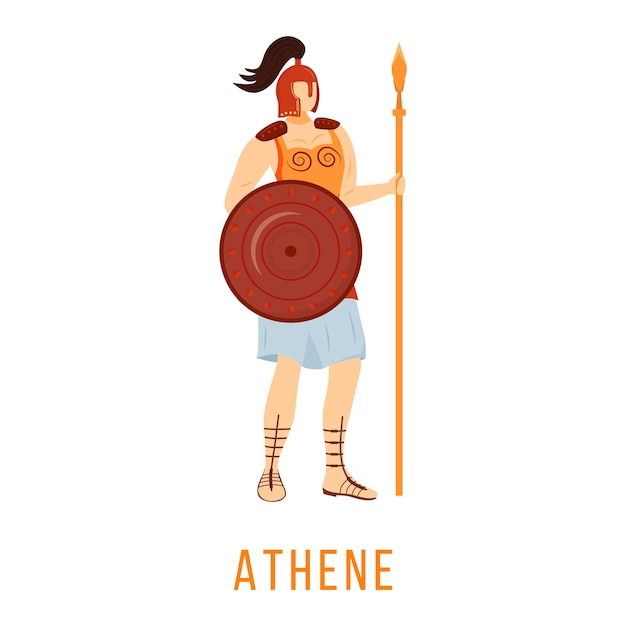 アテネフラット 古代ギリシャの神 知恵と勇気の女神 神話 神話の人物 白い背景の上の孤立した漫画のキャラクター プレミアムベクター