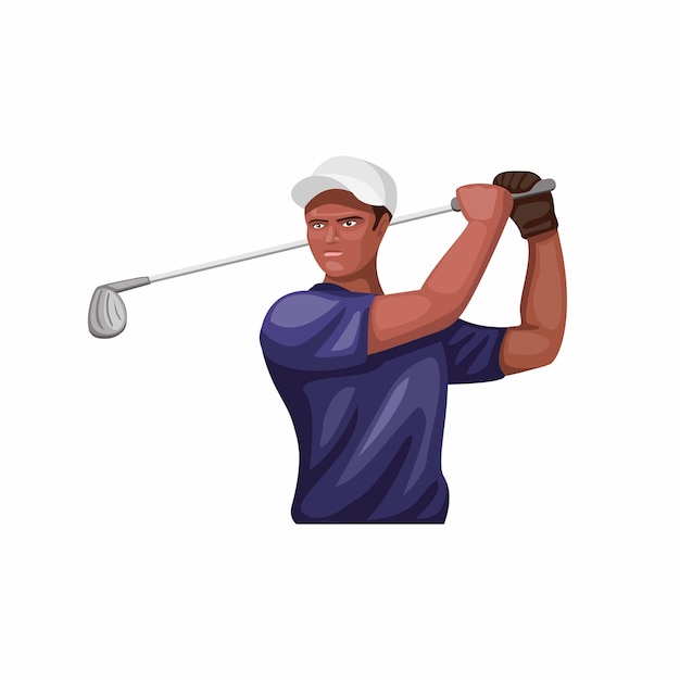 アスリートゴルフキャラクターマスコットシンボル 褐色肌の男漫画イラストのゴルフスティックコンセプト プレミアムベクター