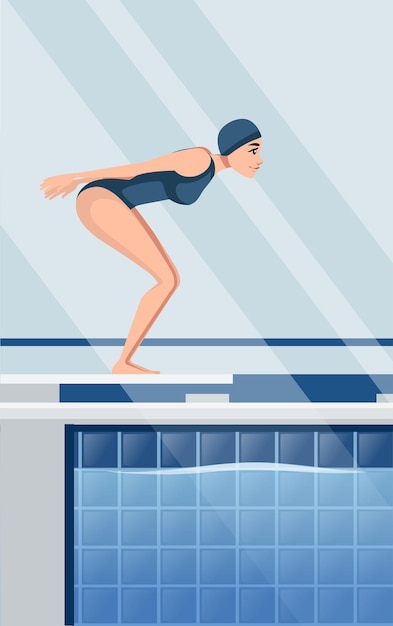 青い水着の運動選手の女性は 水に飛び込む準備をします漫画のキャラクターデザイン水側面図フラットベクトルイラストとプロのスイミングプールの水平レイアウト プレミアムベクター