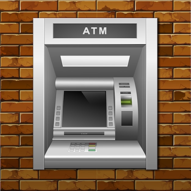 Premium Vector | Atm bank cash machine on a brick wall background