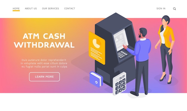 Premium Vector Atm Cash Withdrawal Landing Page Banner Template