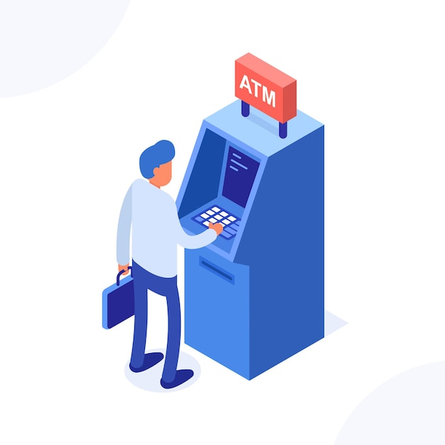 Premium Vector | Atm concept. man standing near atm machine.