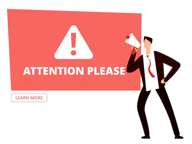 Premium Vector | Attention please banner template with businessman with ...