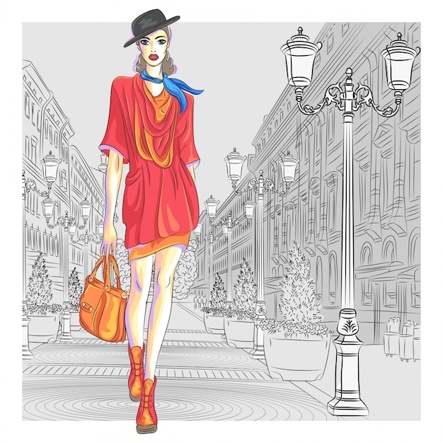 Attractive fashion girl in hat with bag in sketch-style goes for st. petersburg Premium Vector