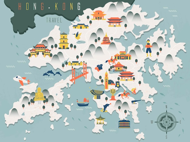 Premium Vector | Attractive hong kong travel map with attractions icons ...