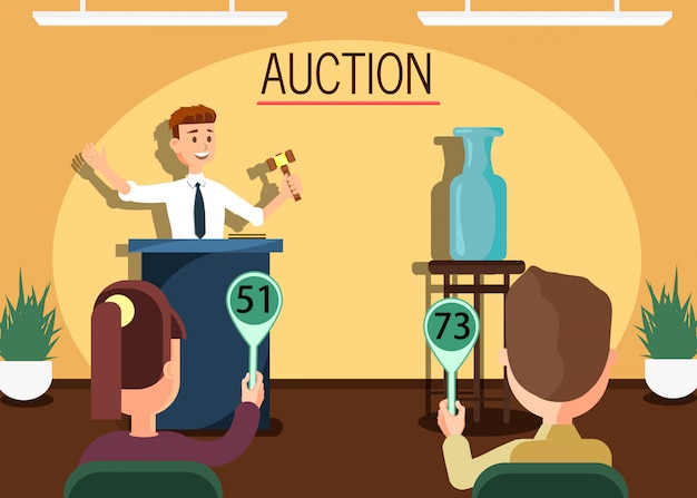 Auctioneer with gavel selling vase to participant. Premium Vector