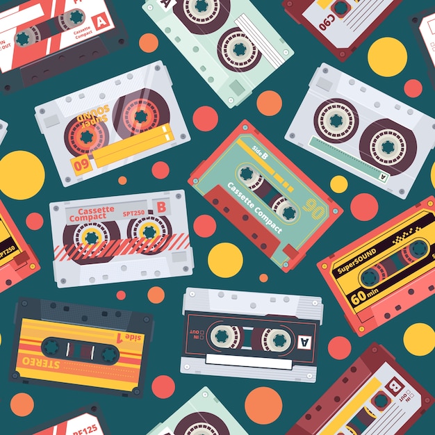 オーディオカセットパターン ステレオミックステープレコード音楽アイテムファンキーなスタイルのレトロな昔ながらのシームレスな背景90年代のダンスの壁紙 イラストオーディオカセットパターン 音楽テープサウンドオールドファッション プレミアムベクター