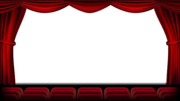 プレミアムベクター 座席ベクトルと講堂 赤いカーテン劇場 映画館 席 舞台と椅子 リアルなイラスト